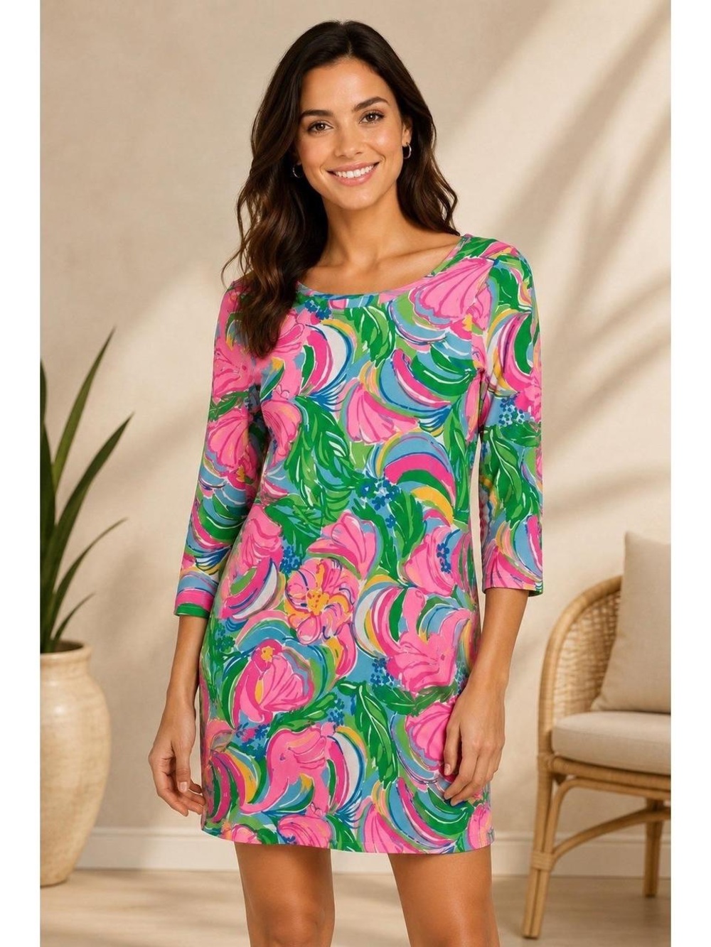 Lilly Pulitzer Pink & Green Floral Boatneck Lightweight Dress